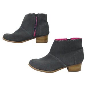 TOMS Ankle Boot Youth Size 6 Bootie Faux Suede Block Heel Pink Lining Side Zip